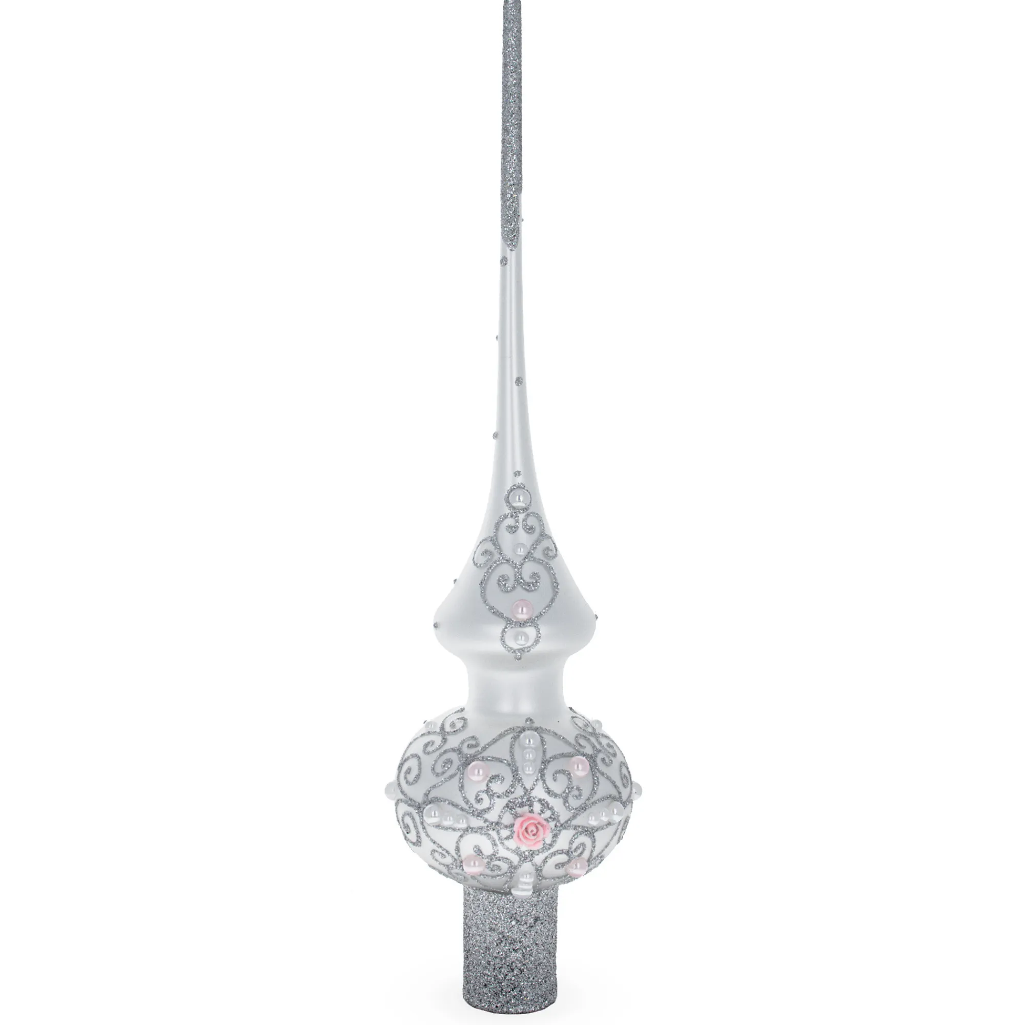 BESTPYSANKY Snowflake-Pink Roses On Silver Glitter Glass Christmas Tree Topper 11 Inches