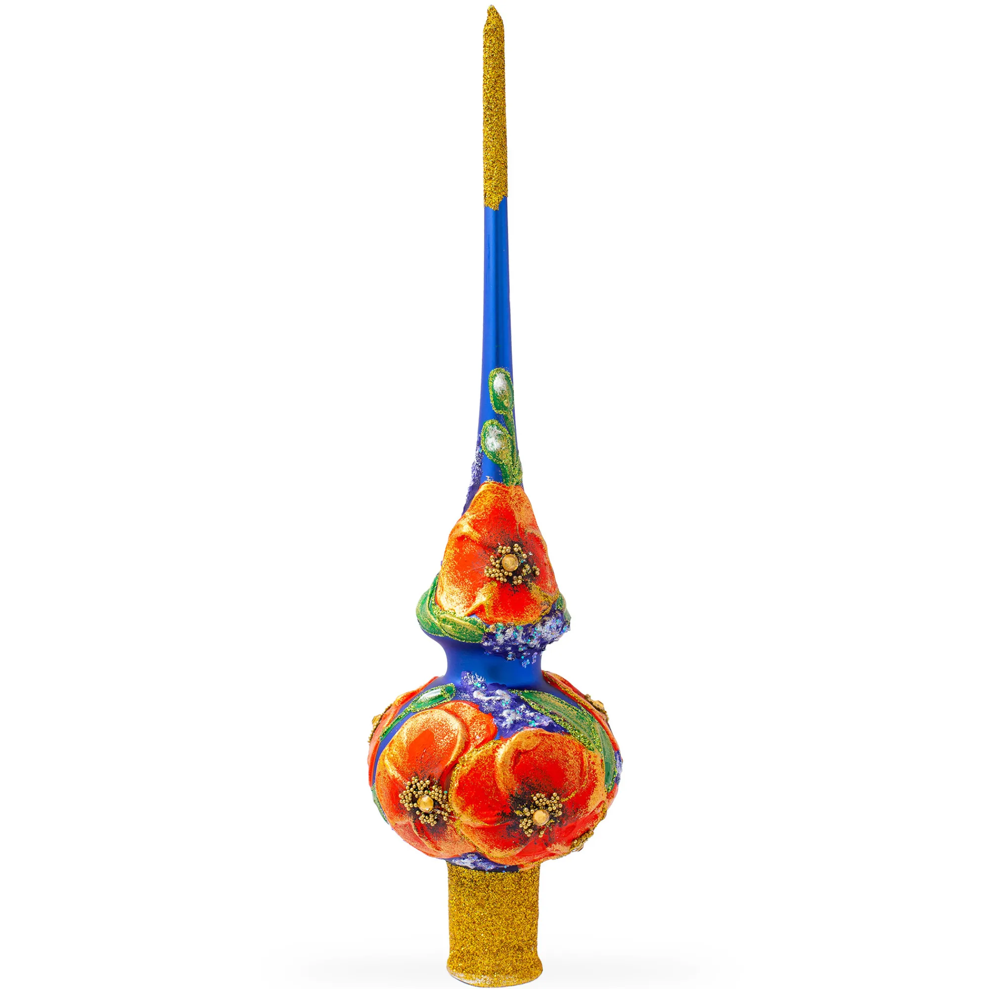 BESTPYSANKY Snowflake-Poppy Flowers On Blue Glass Christmas Tree Topper 11 Inches
