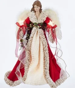 Kurt Adler Finials-Red And Ivory Angel Lighted Christmas Tree Topper Decoration 16 Inch Ul2218 New