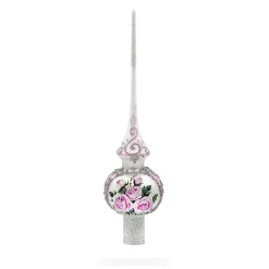 BESTPYSANKY Snowflake-Roses Bouquet On Silver Glass Christmas Tree Topper 11 Inches