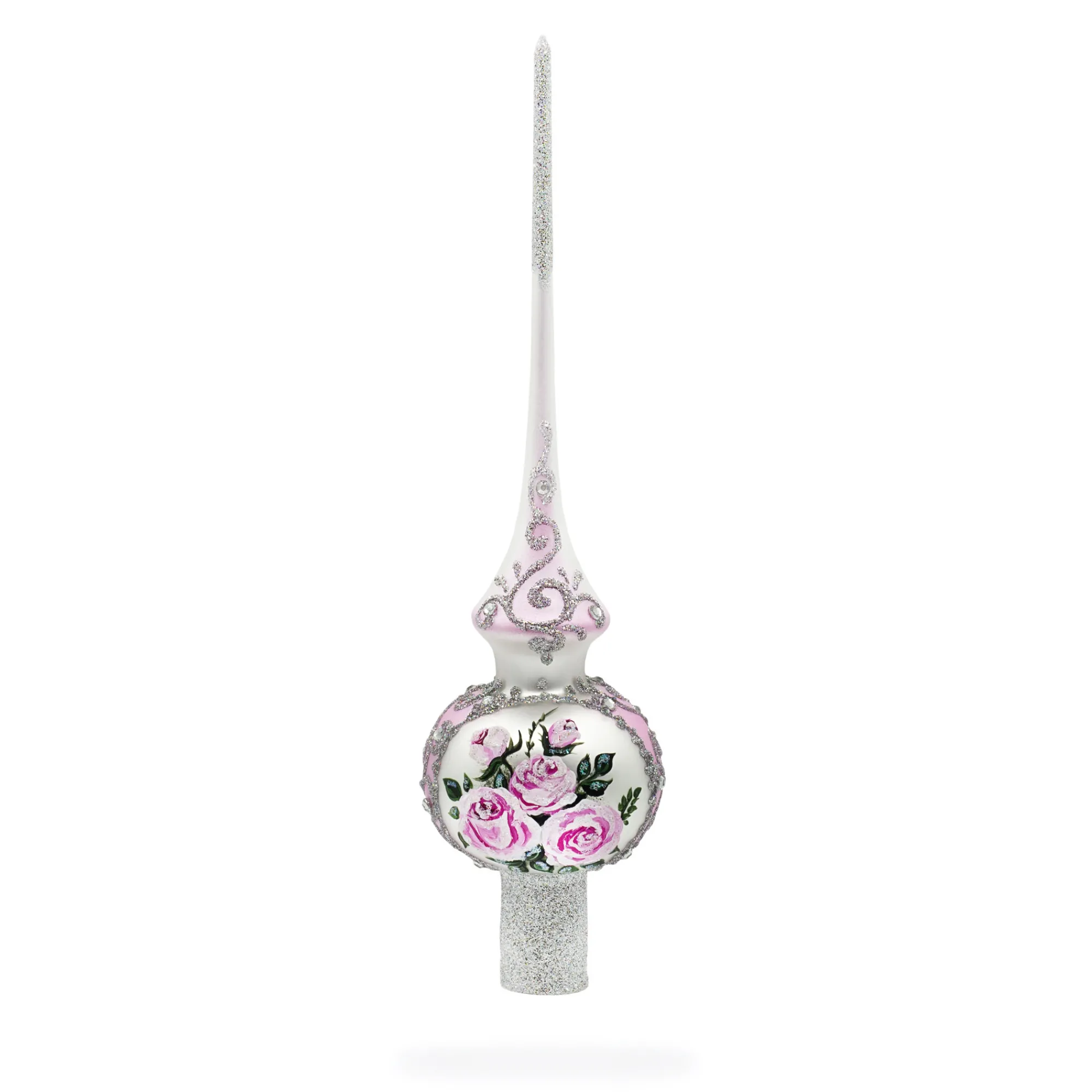 BESTPYSANKY Snowflake-Roses Bouquet On Silver Glass Christmas Tree Topper 11 Inches