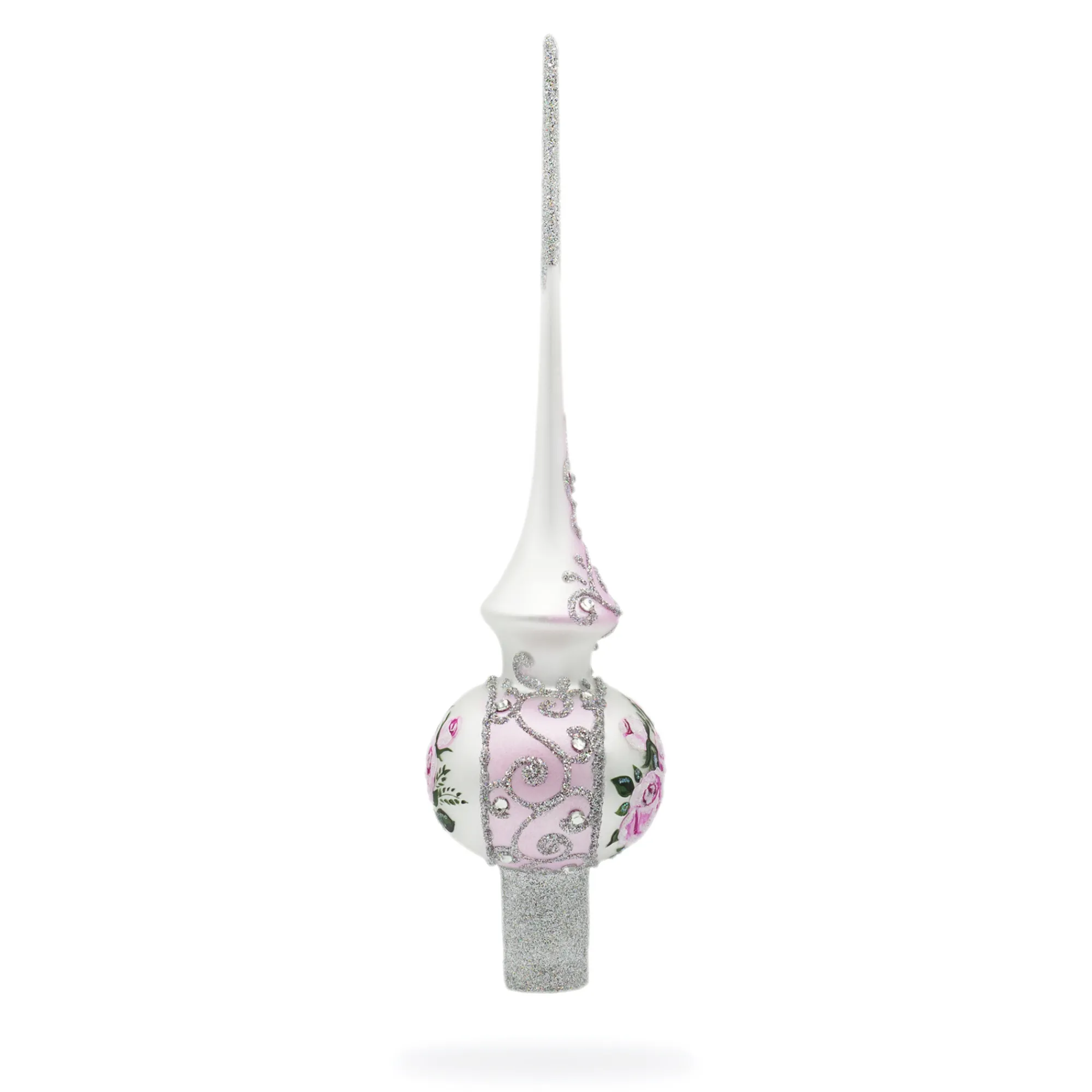 BESTPYSANKY Snowflake-Roses Bouquet On Silver Glass Christmas Tree Topper 11 Inches