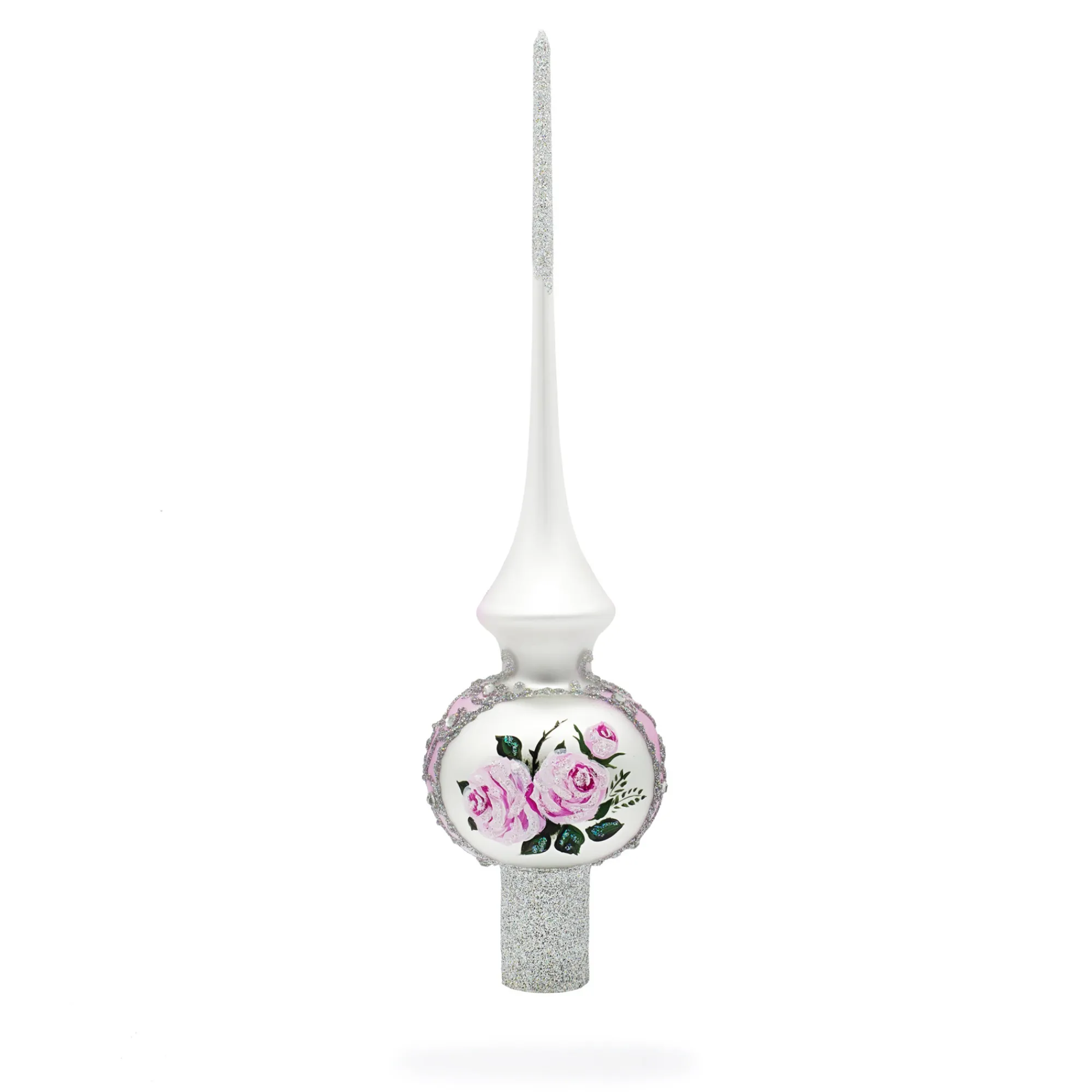 BESTPYSANKY Snowflake-Roses Bouquet On Silver Glass Christmas Tree Topper 11 Inches