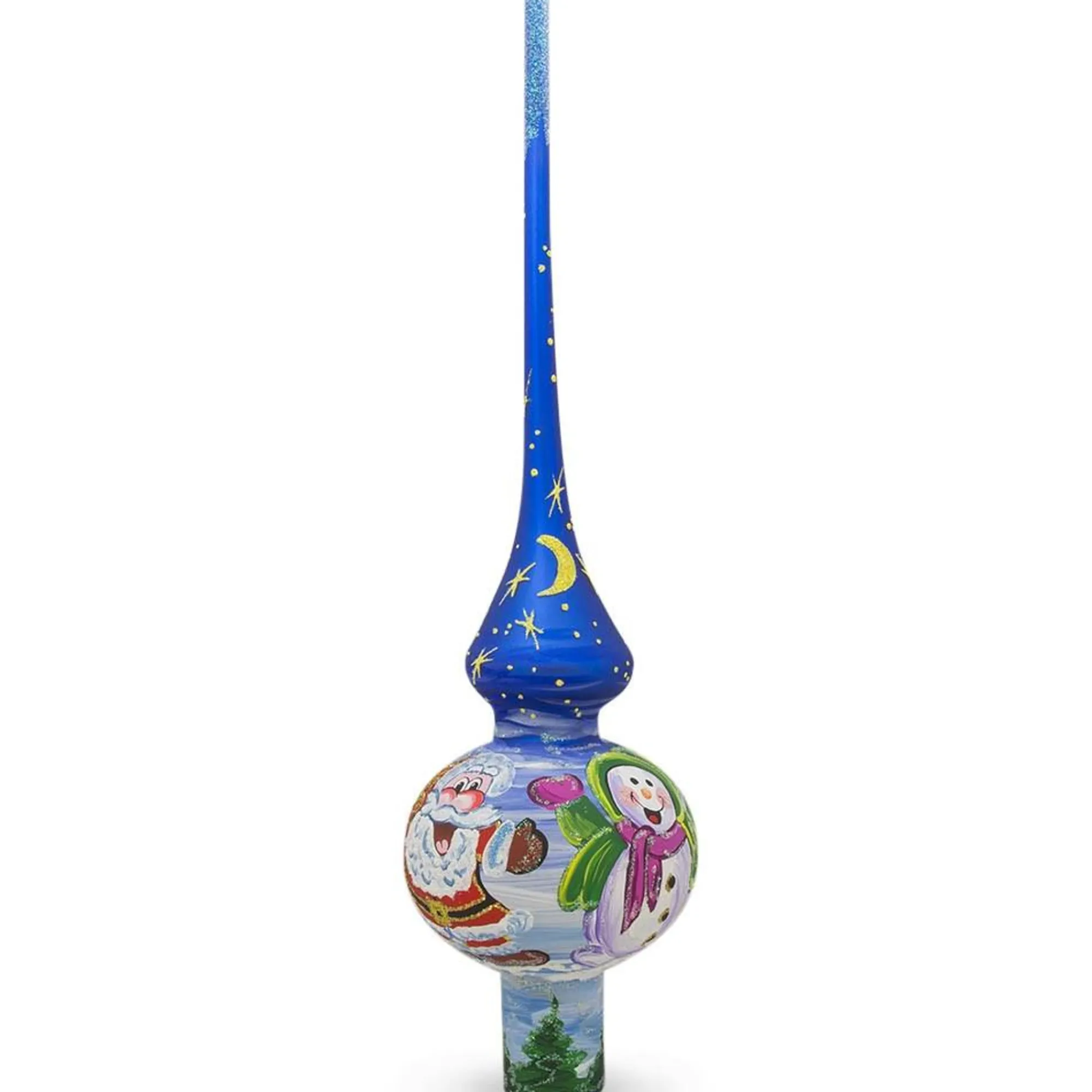 BESTPYSANKY Santa Claus-Santa And Snowman On Blue Glass Christmas Tree Topper 11 Inches