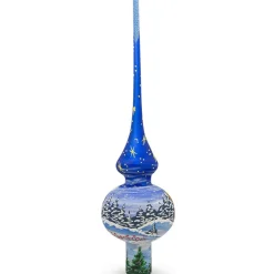 BESTPYSANKY Santa Claus-Santa And Snowman On Blue Glass Christmas Tree Topper 11 Inches