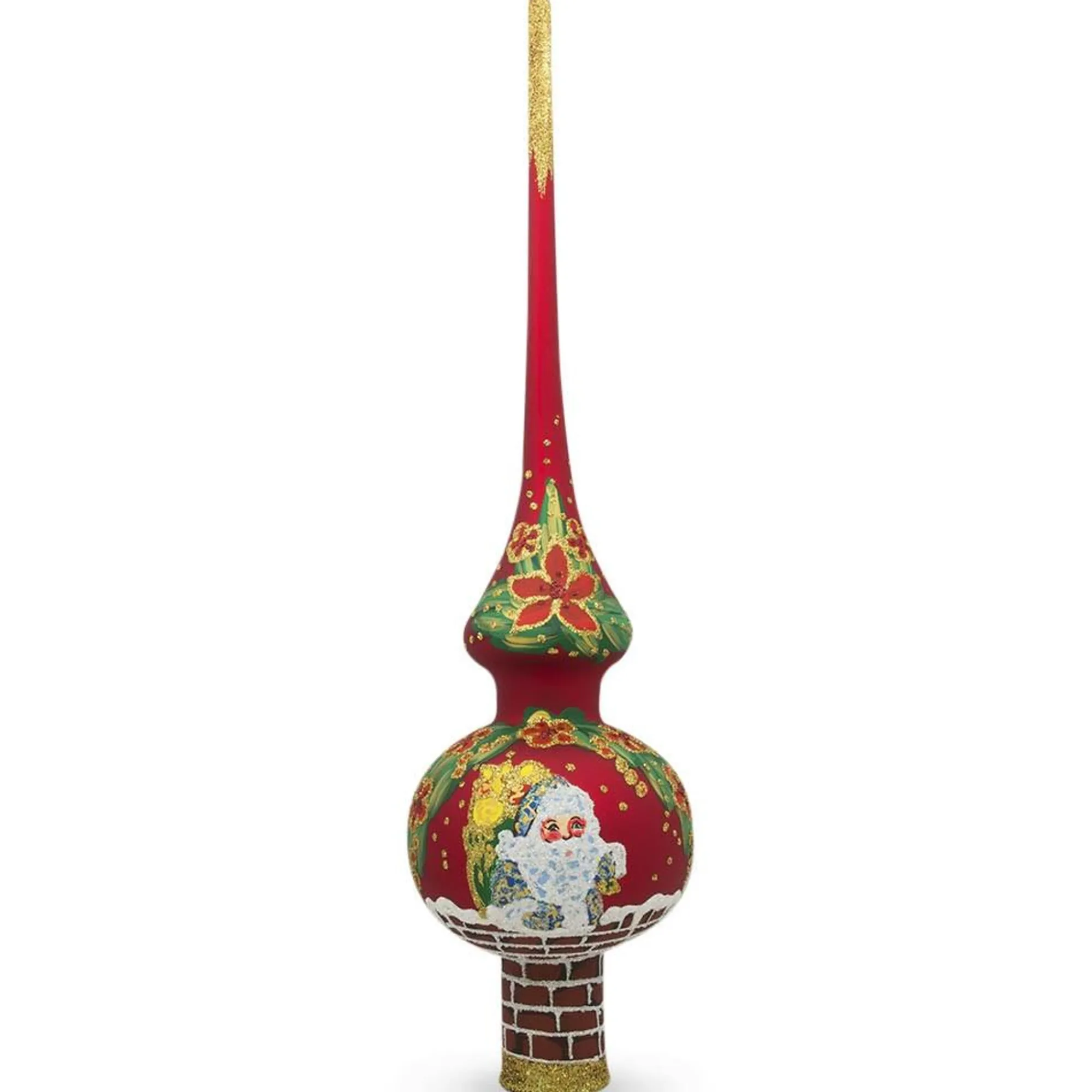 BESTPYSANKY Santa Claus-Santa Climbing Down Chimney On Red Glass Christmas Tree Topper 11 Inches - Bbb-313