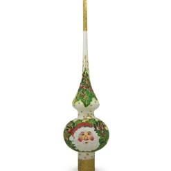 BESTPYSANKY Santa Claus-Santa Head And Gold Mistletoe On White Glass Christmas Tree Topper 11 Inches