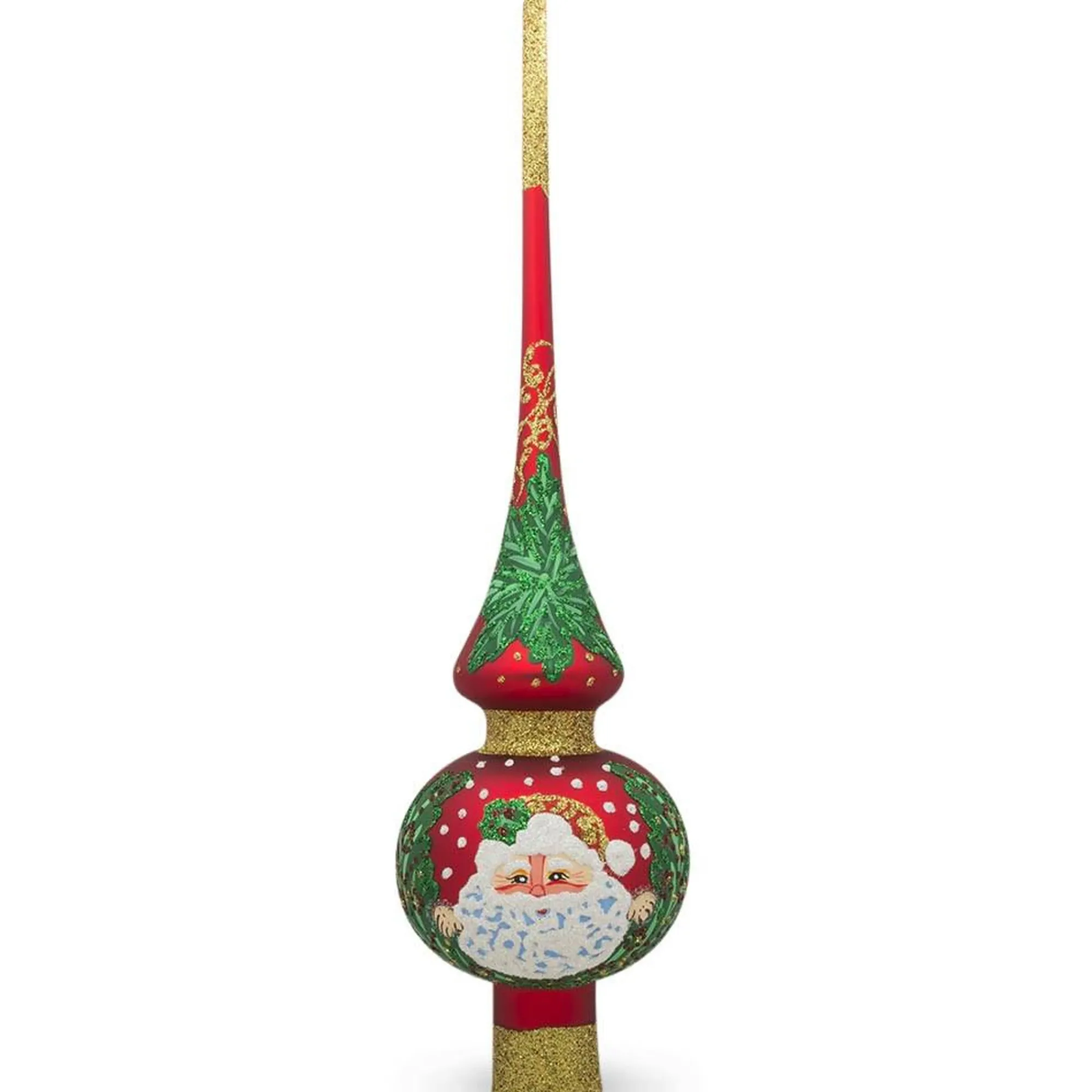 BESTPYSANKY Santa Claus-Santa Head And Mistletoe On Red Glass Christmas Tree Topper 11 Inches