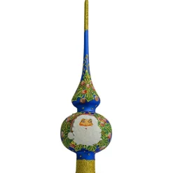 BESTPYSANKY Santa Claus-Santa Head And Mistletoe Wreath On Blue Glass Christmas Tree Topper 11 Inches - Bbb-290-B