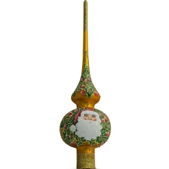BESTPYSANKY Santa Claus-Santa Head And Mistletoe On Gold Glass Christmas Tree Topper 11 Inches