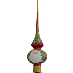 BESTPYSANKY Santa Claus-Santa Head And Mistletoe Wreath On Red Glass Christmas Tree Topper 11 Inches - Bbb-290-R