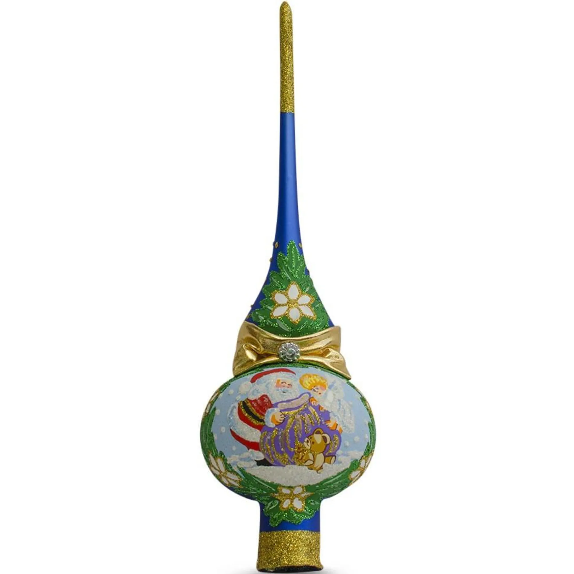 BESTPYSANKY Angels-Santa With An Angel On Blue Glass Christmas Tree Topper 11 Inches