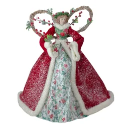 Roman Angels-Set Of 2 Beige And Red Holly Floral Dress Angel Christmas Tree Toppers 17"