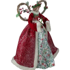 Roman Angels-Set Of 2 Beige And Red Holly Floral Dress Angel Christmas Tree Toppers 17