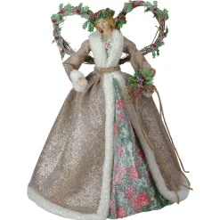 Roman Angels-Set Of 2 Beige And Red Holly Floral Dress Angel Christmas Tree Toppers 17