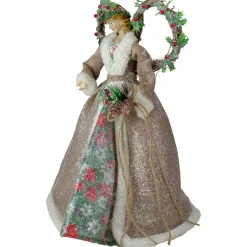 Roman Angels-Set Of 2 Beige And Red Holly Floral Dress Angel Christmas Tree Toppers 17