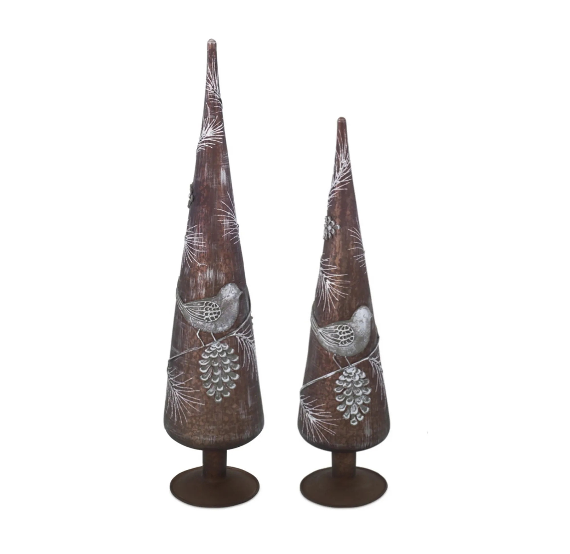Melrose Finials-Set Of 2 Brown And Silver Weathered Bird Pine Cone Glass Finial Christmas Tree Toppers 18"