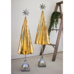 Contemporary Home Living Unlit-Set Of 2 Folded Gold Metal Christmas Trees With Silver Stars