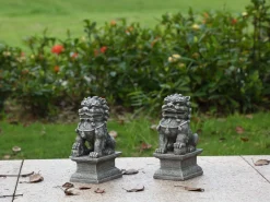 Hi-Line Gifts Finials-Set Of 2 Gray Ancient Imperial Guardian Foo Dogs Figurine Statue 8"
