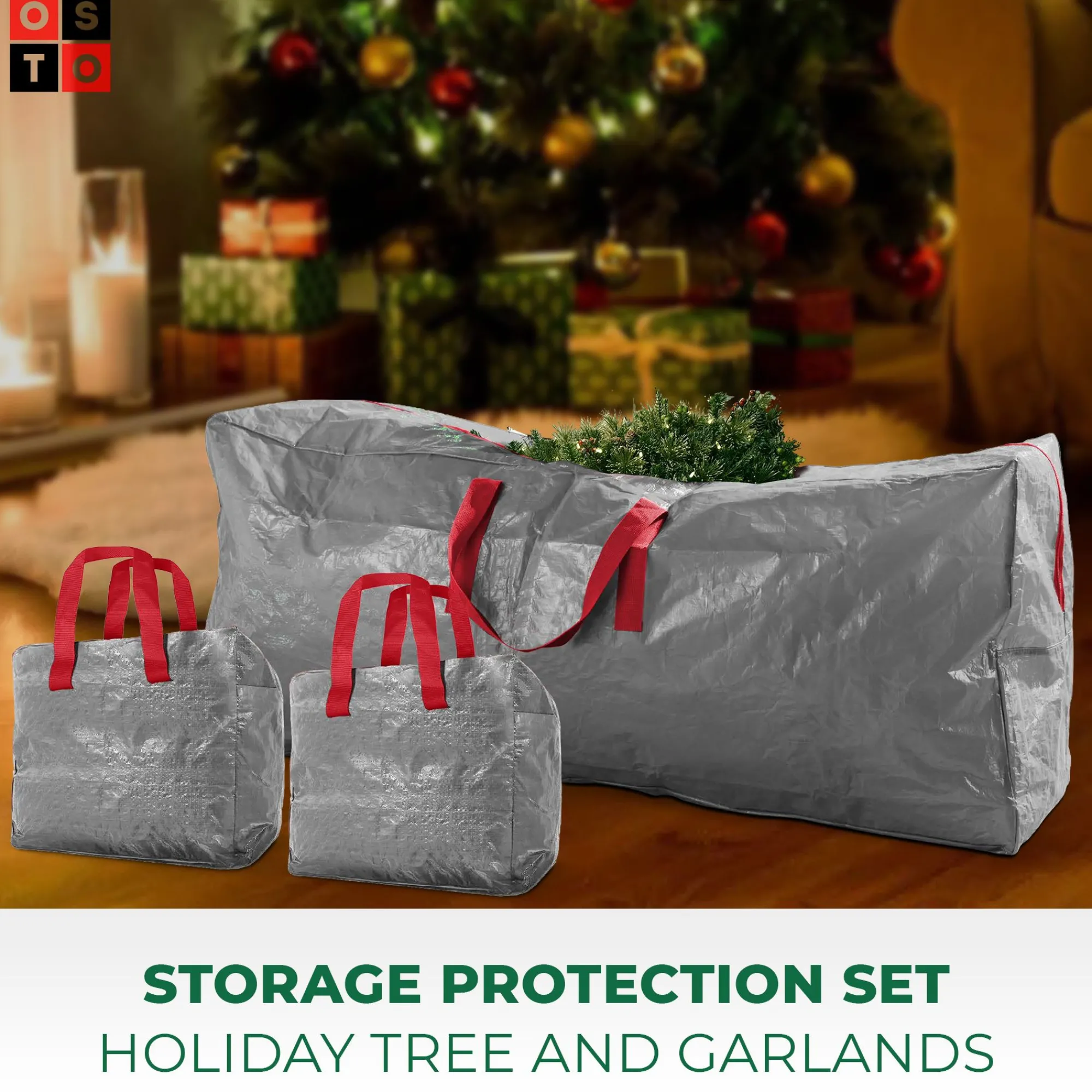 osto Tree Storage-Set Of 3 Gray Waterproof Garland And Christmas Tree Storage Bags 65"