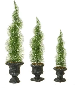 Raz Spiral-Set Of 3 Potted Sparkling Frosted Spiral Topiary Artificial Christmas Tree 1.5' - Unlit