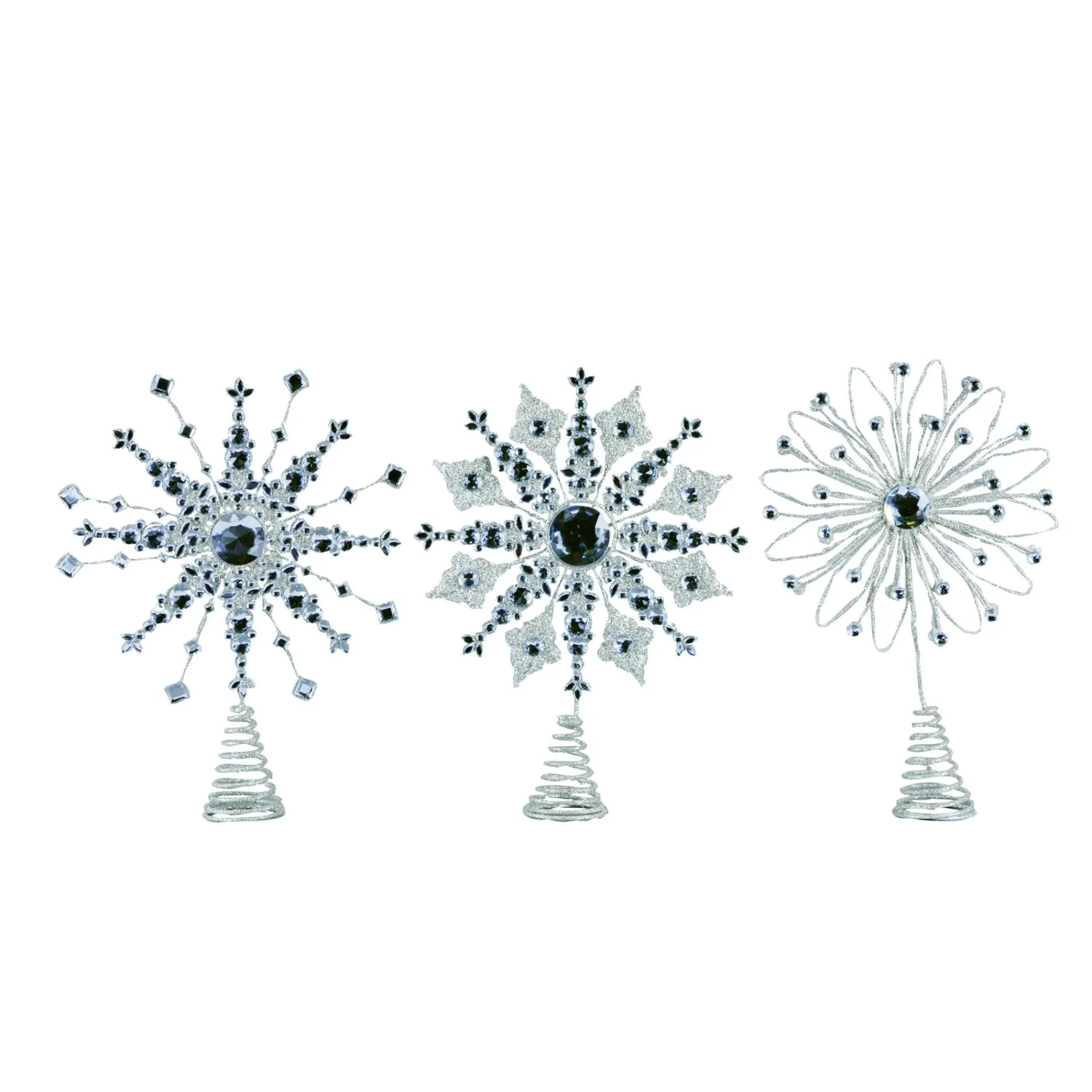 Contemporary Home Living Stars-Set Of 3 Silver And Black Christmas Snowflake Tree Topper 14"