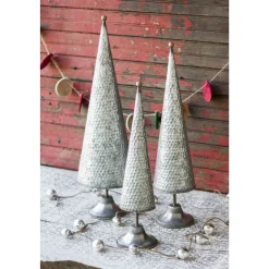 Contemporary Home Living Topiaries-Set Of 3 Silver And Brown Zinc Christmas Topiaries With Beaded Brass Detail
