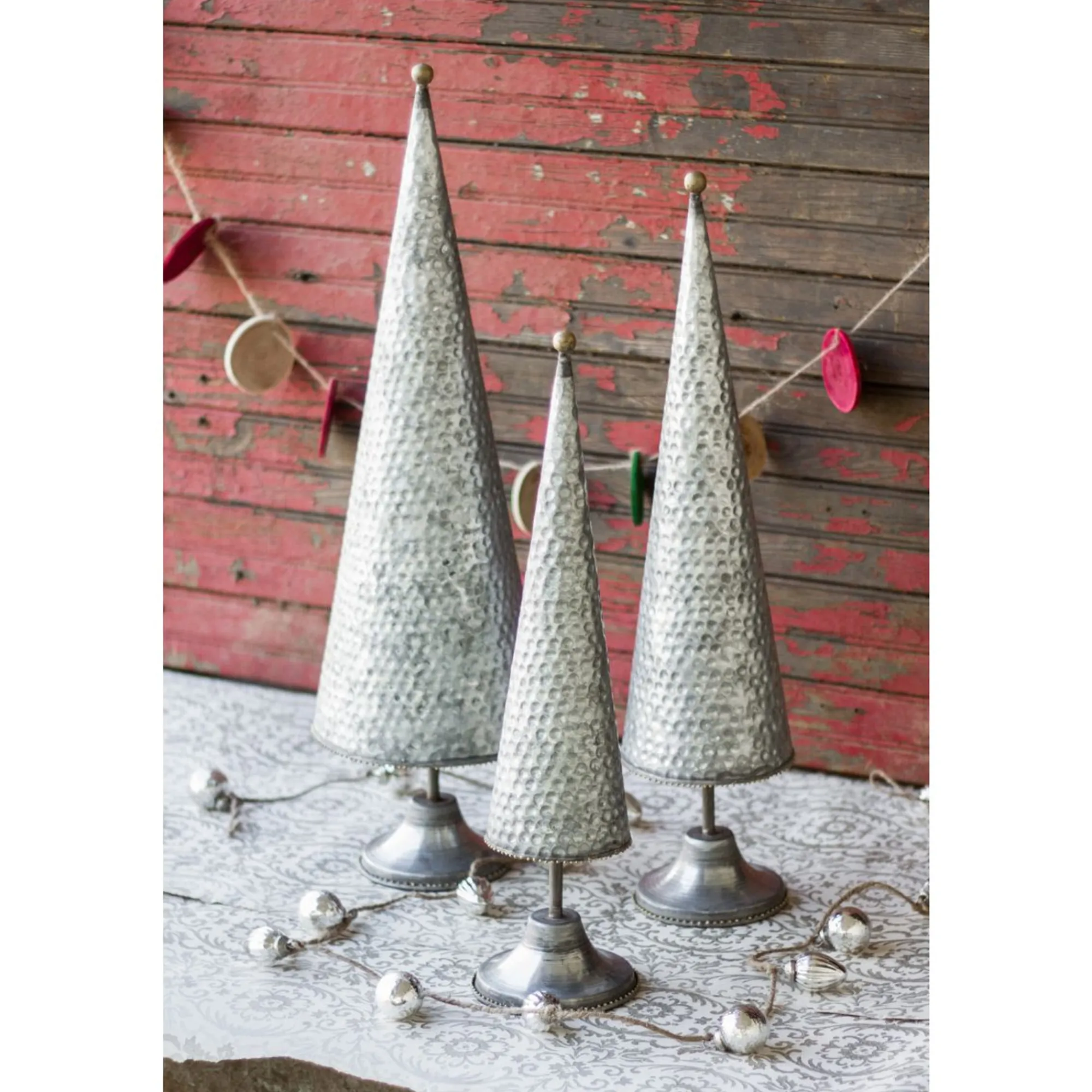Contemporary Home Living Topiaries-Set Of 3 Silver And Brown Zinc Christmas Topiaries With Beaded Brass Detail