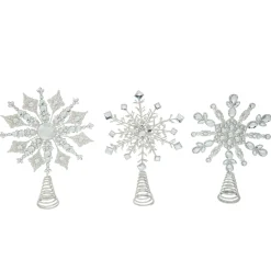 Contemporary Home Living Stars-Set Of 3 Silver Christmas Glitter Snowflake Tree Topper 15"
