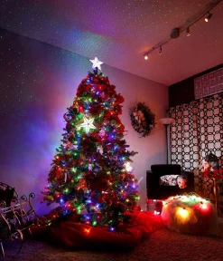 BlissLights Stars-Shining Star Christmas Tree Topper - Multicolored Led Light Show, Indoor Holiday Projector Lighting (Silver Trim, Green Stars)