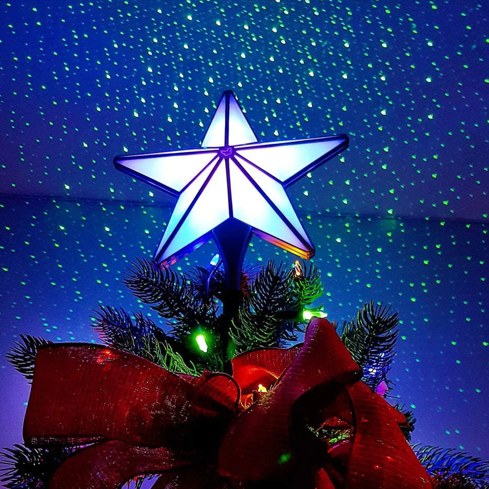 BlissLights Stars-Shining Star Christmas Tree Topper - Multicolored Led Light Show, Indoor Holiday Projector Lighting (Silver Trim, Green Stars)