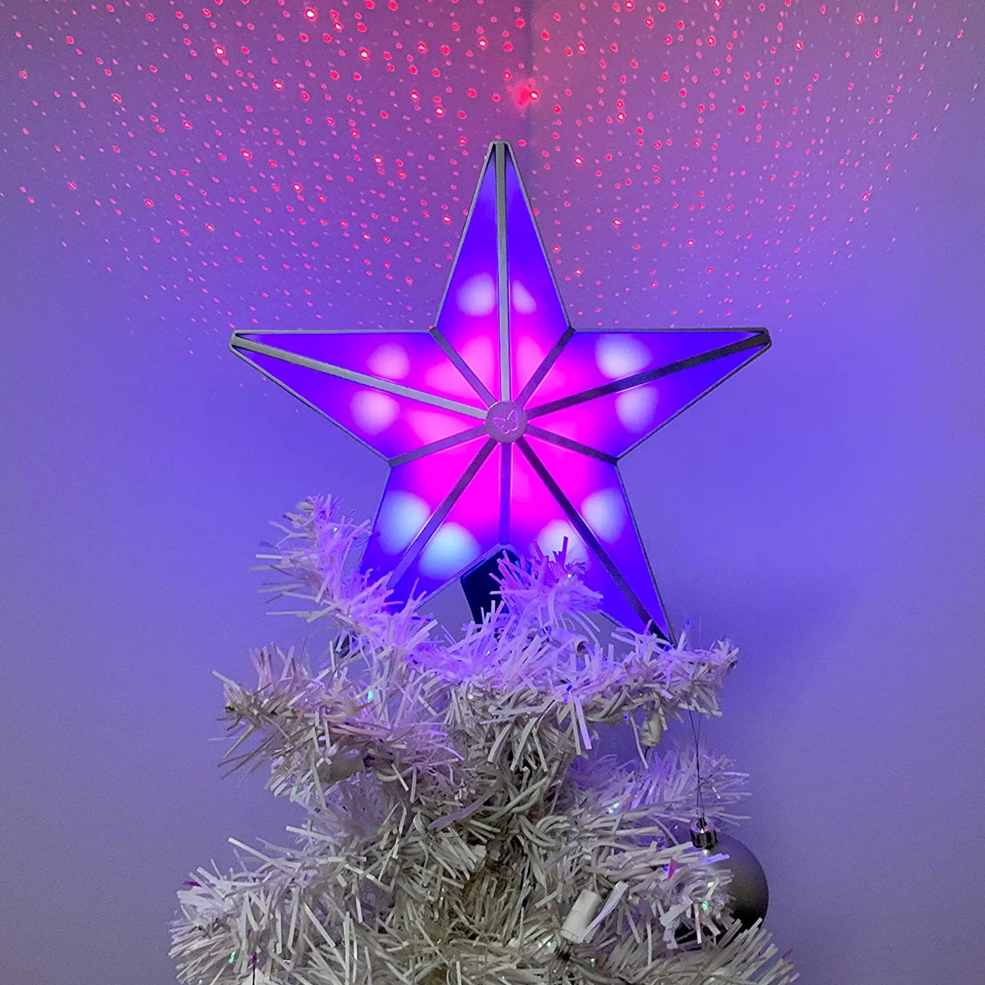 BlissLights Stars-Shining Star Christmas Tree Topper - Multicolored Led Light Show, Indoor Holiday Projector Lighting (Silver Trim, Red Stars)