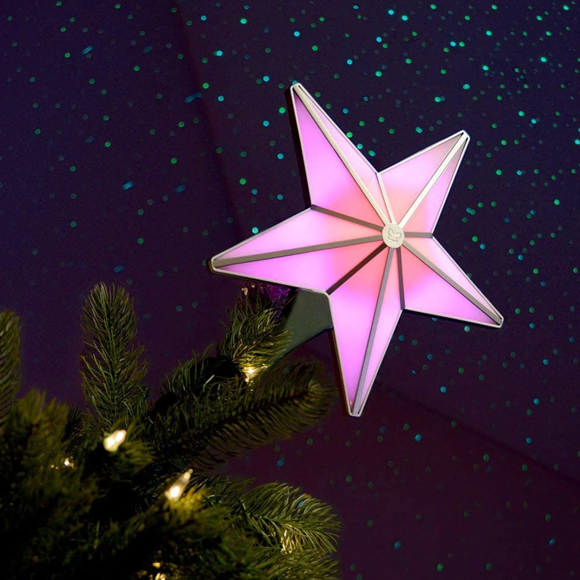 BlissLights Stars-Shining Star Christmas Tree Topper - Multicolored Led Light Show, Indoor Holiday Projector Lighting (Gold Trim, Green Stars)