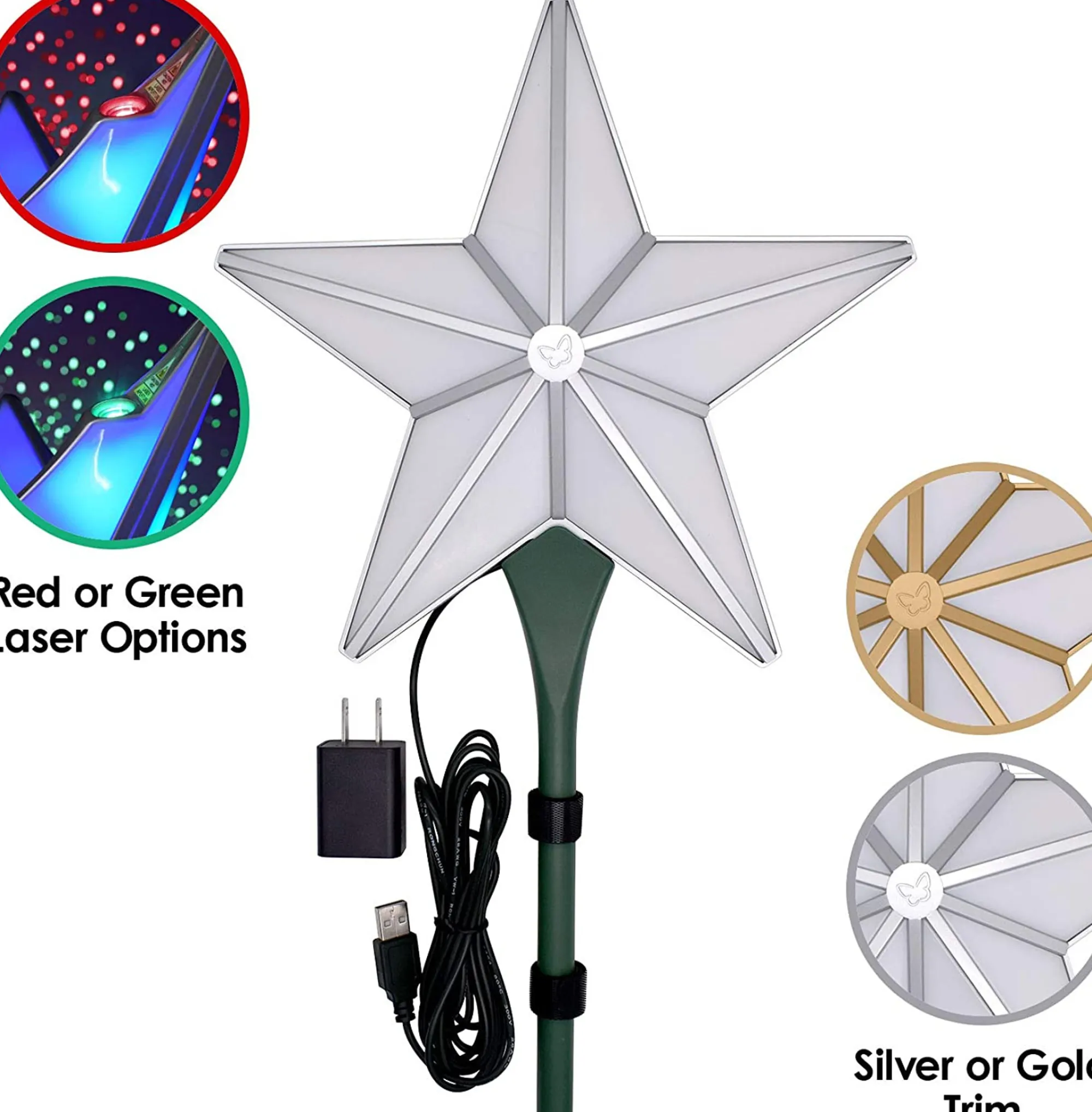 BlissLights Stars-Shining Star Christmas Tree Topper - Multicolored Led Light Show, Indoor Holiday Projector Lighting (Gold Trim, Green Stars)