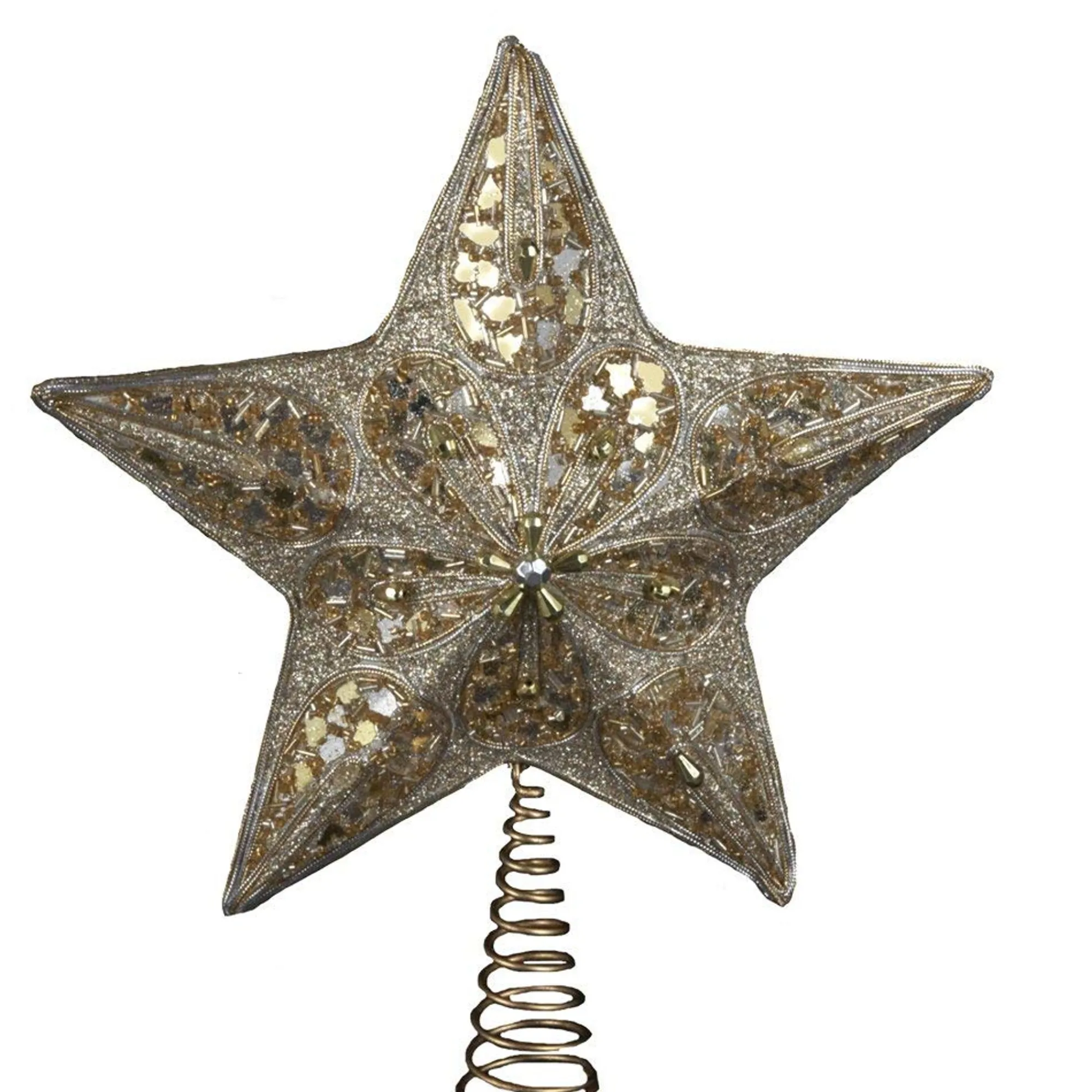 Kurt Adler Finials-Silver And Gold Glitter Star With Gold Chips And Beads Christmas Tree Topper