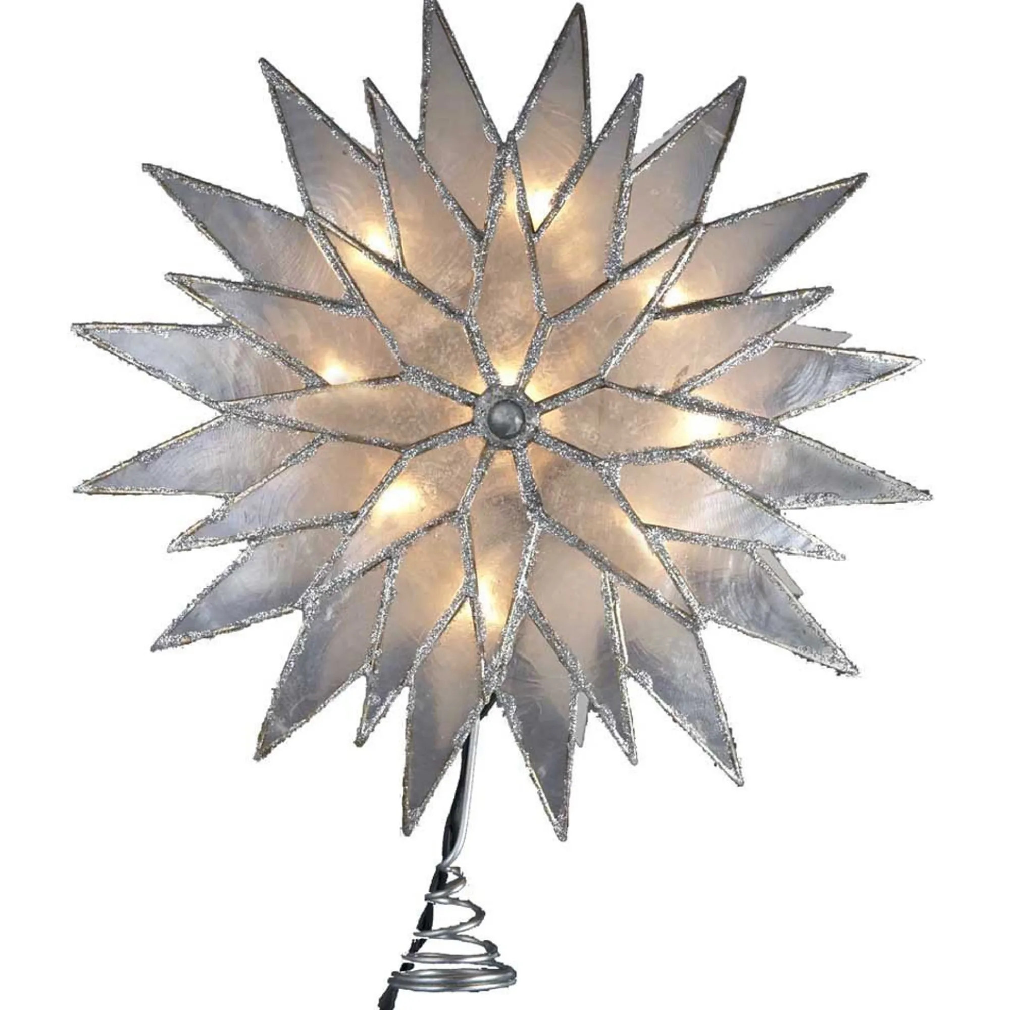 Kurt Adler Finials-Silver Glitter Sunburst Capiz Light Up Christmas Tree Topper Holiday Decoration
