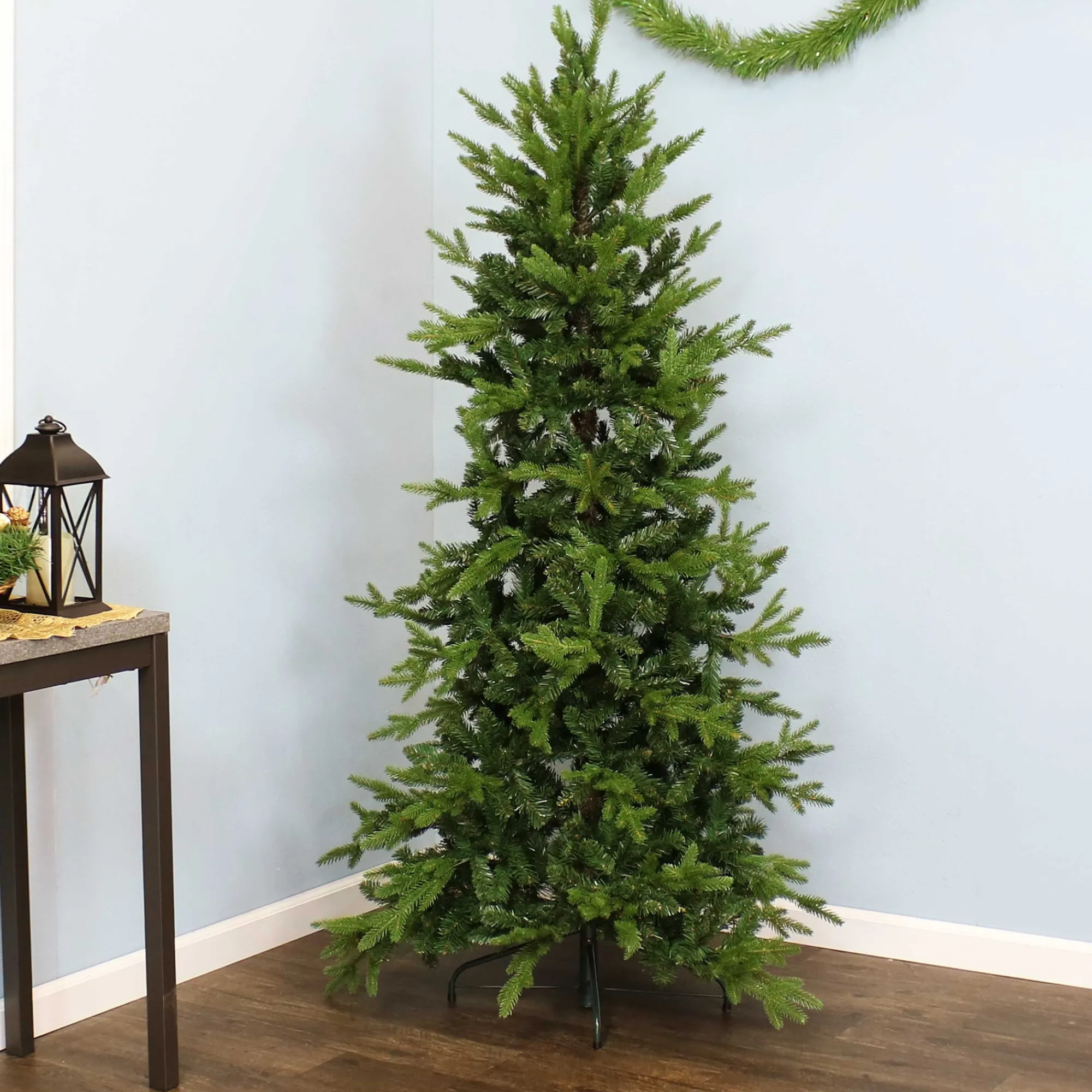 Sunnydaze Decor Unlit-Sunnydaze Indoor Artificial Unlit Slim Christmas Tree With Metal Stand And Hinged Branches - 6' - Green