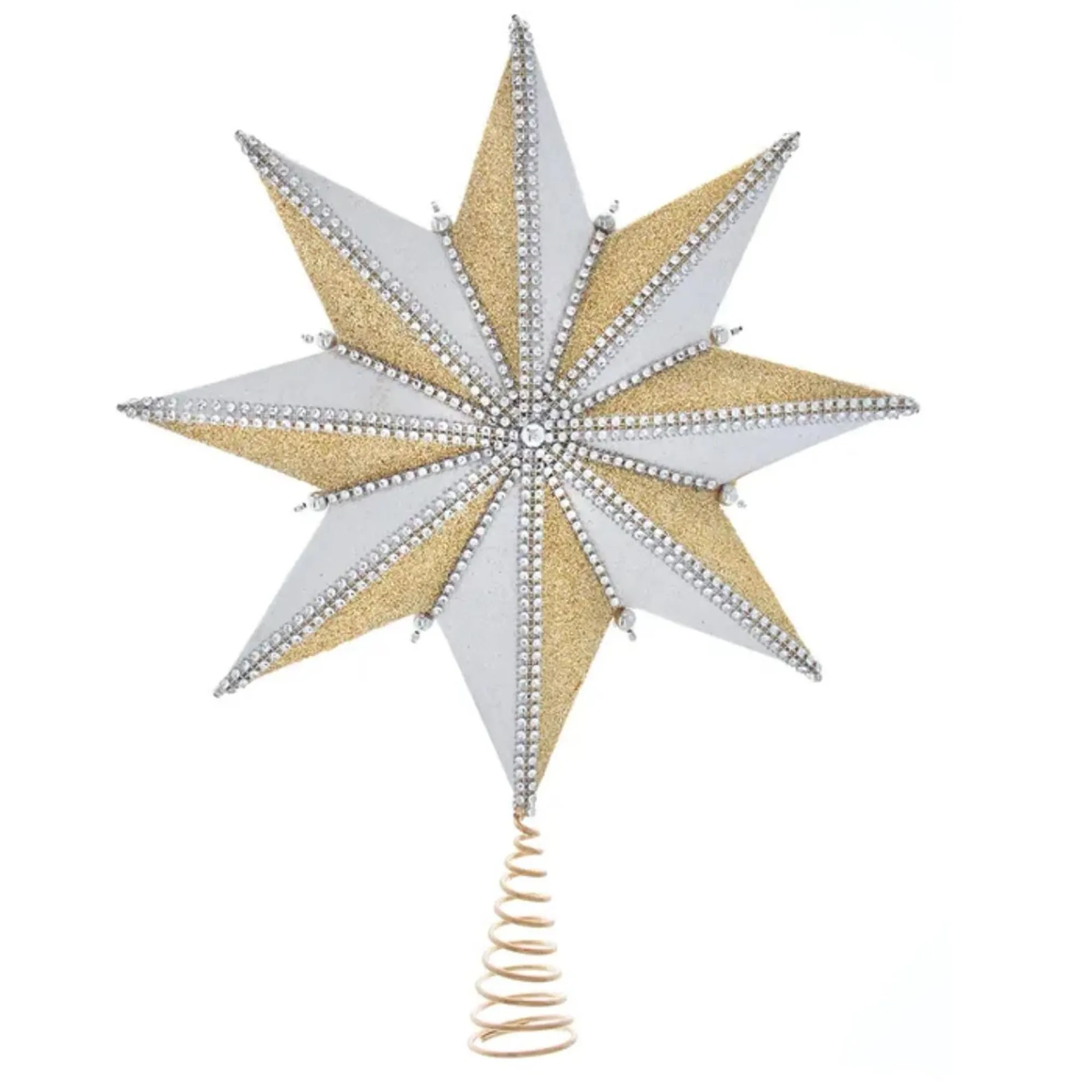 Kurt Adler Finials-Un-Lit White And Gold Star Clear Gemstone Accents Christmas Tree Topper 16 Inch