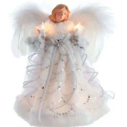 Kurt Adler Finials-White And Silver Angel Lighted Christmas Tree Topper 12 Inch Ul2901