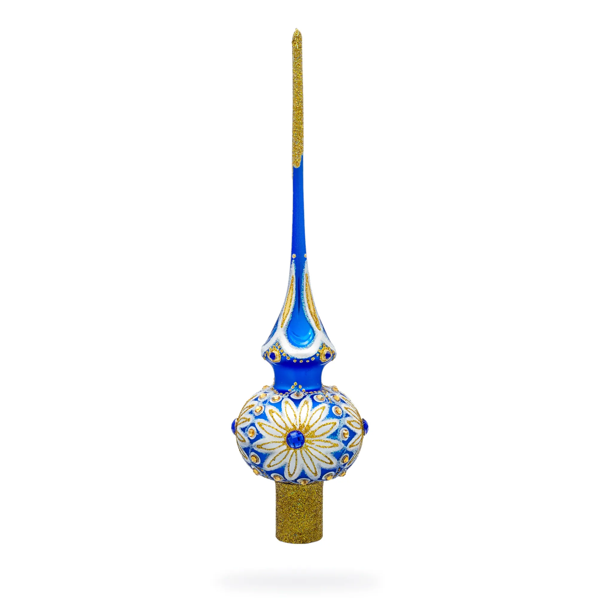 BESTPYSANKY Snowflake-White Daisy On Blue Glass Christmas Tree Topper 11 Inches