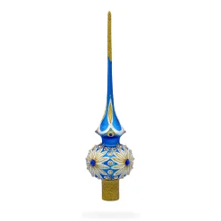 BESTPYSANKY Snowflake-White Daisy On Blue Glass Christmas Tree Topper 11 Inches